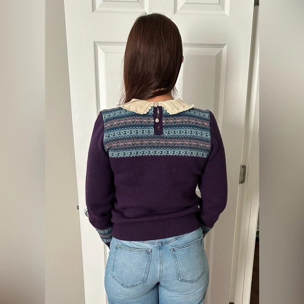 Ralph Lauren Purple Fair Isle Sweater with Cream Lace Collar